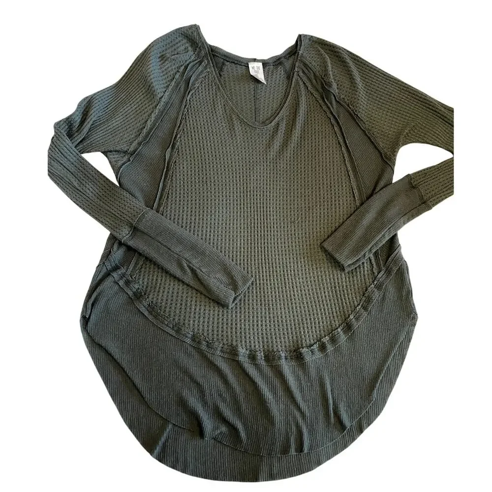 Free People Catalina Thermal V Neck Long Sleeve Slouchy Forest Green Boho Tee XS
